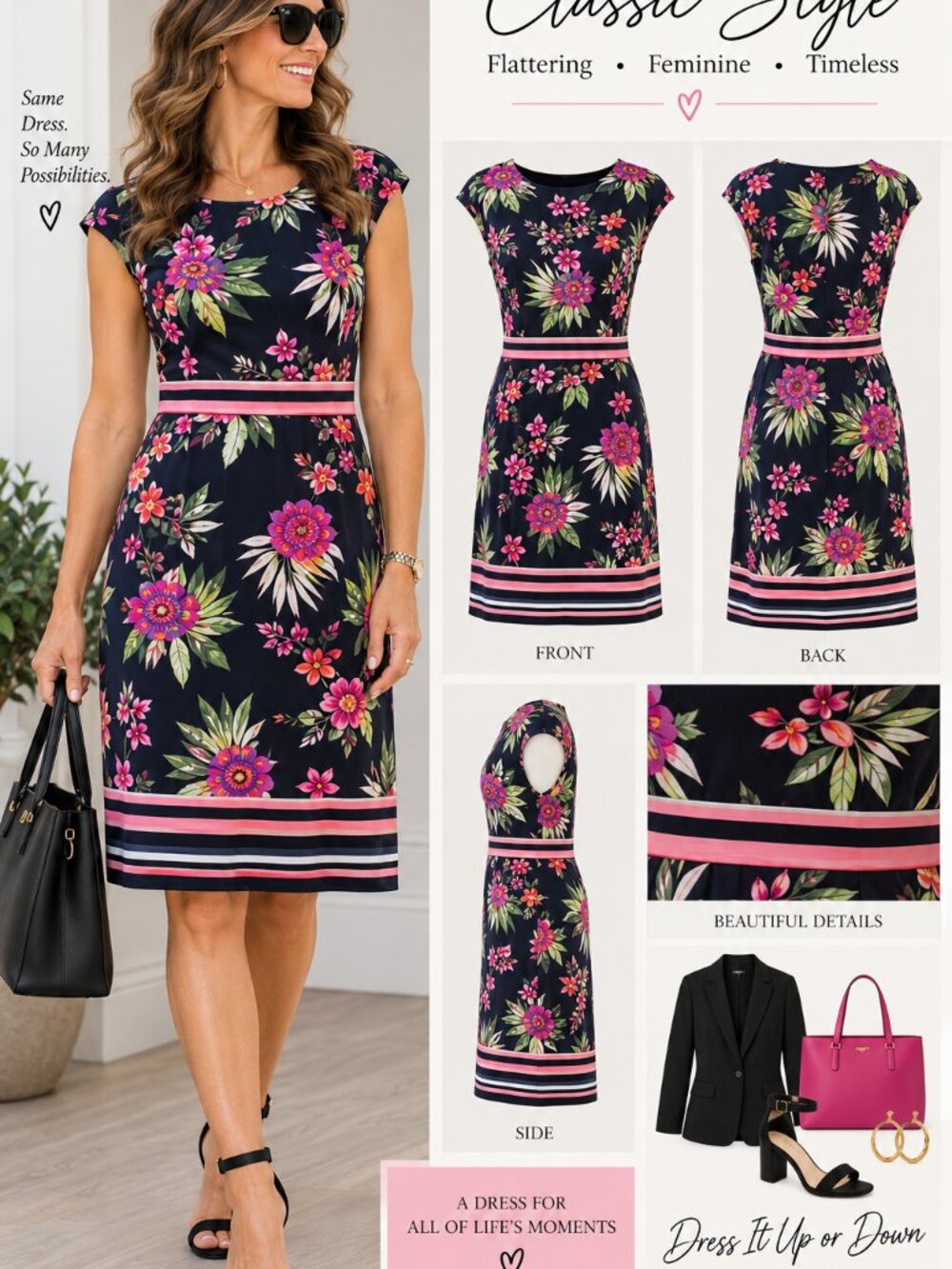New York & Company Black Floral Dress – Pink & Green Print – Size XL